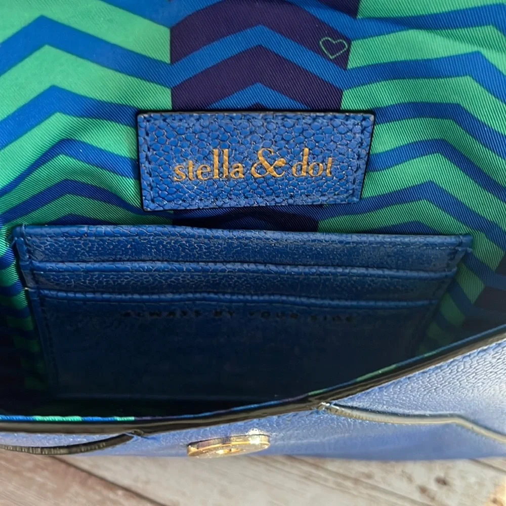 Stella & Dot Blue Leather Clutch with Gold Accents